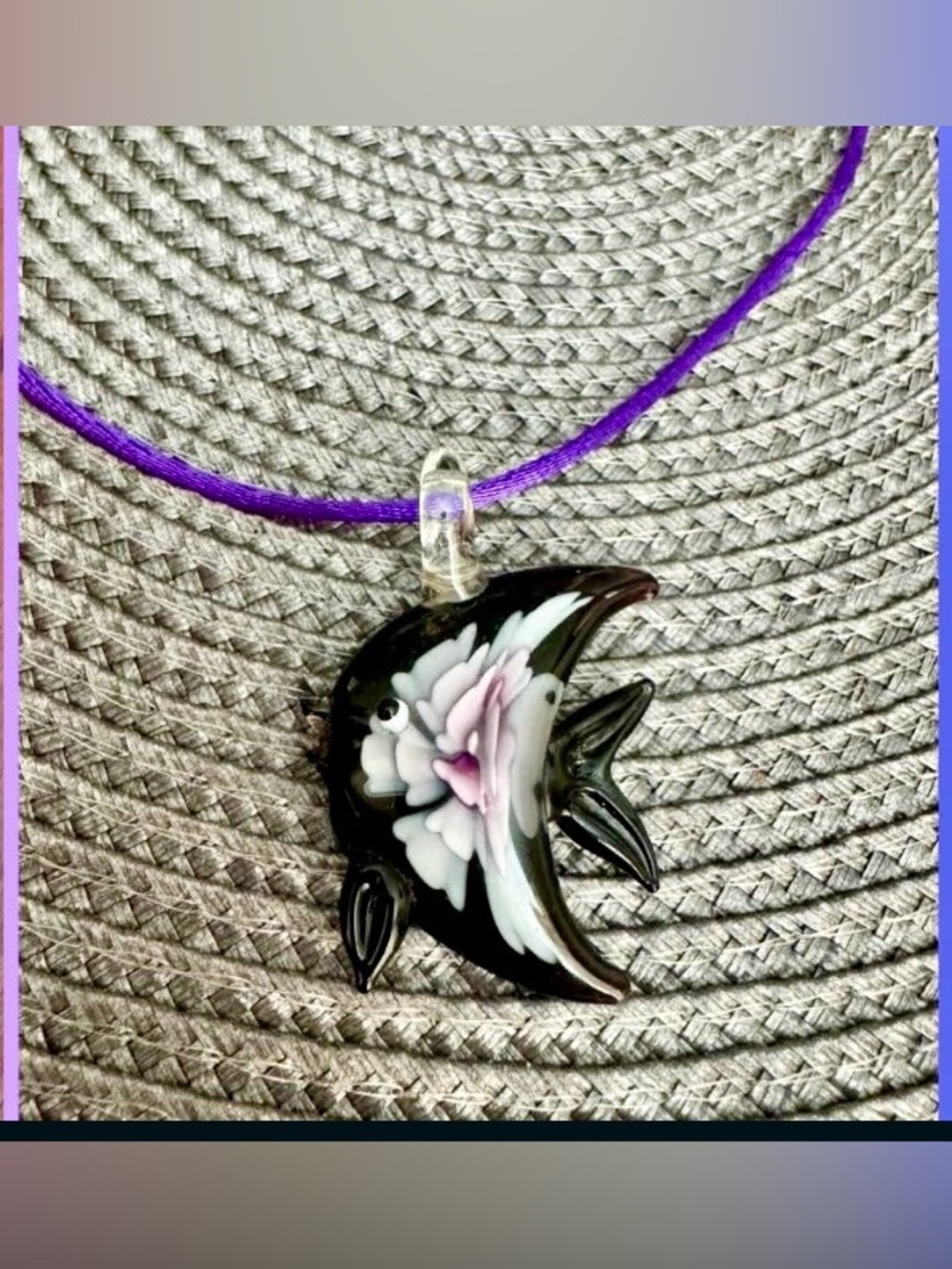 Handblown Black Glass Fish Pendant Necklace with Purple Cord